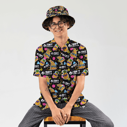 Person wearing the Wanna Pizza This Shirt and matching Wanna Pizza This Bucket Hat sitting on a stool 
