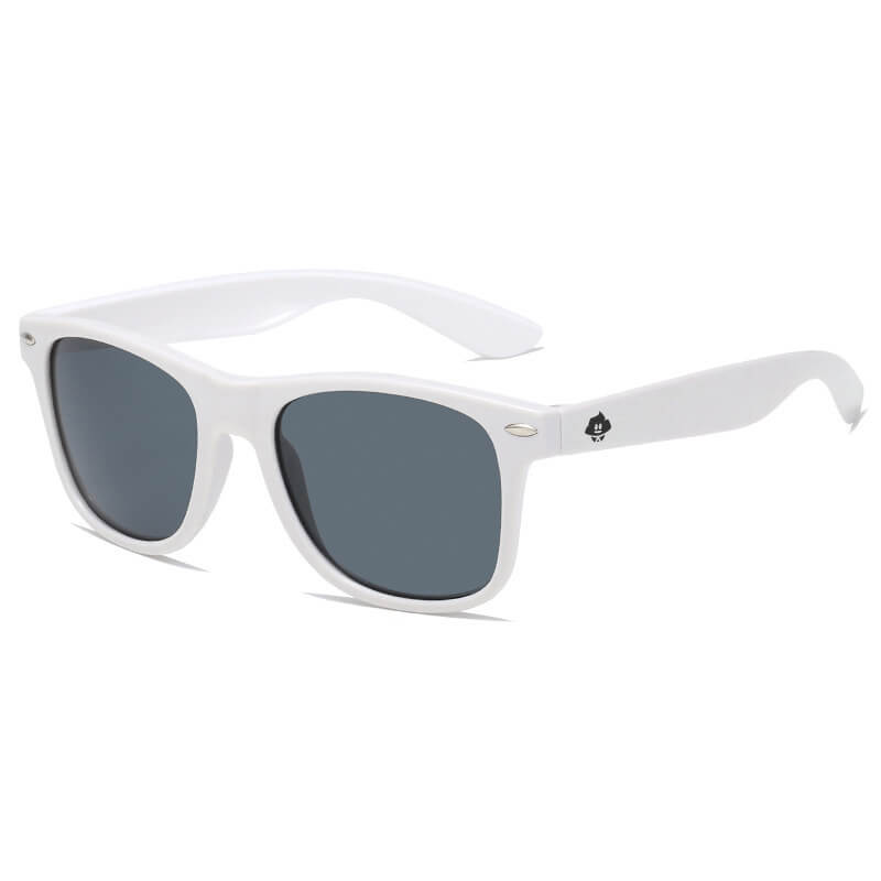 Retro Rays: White retro sunglasses with dark lenses, UV protection, and a small black spade plus VIP text on the upper corner of the left lens frame. Displayed against a plain white background.
