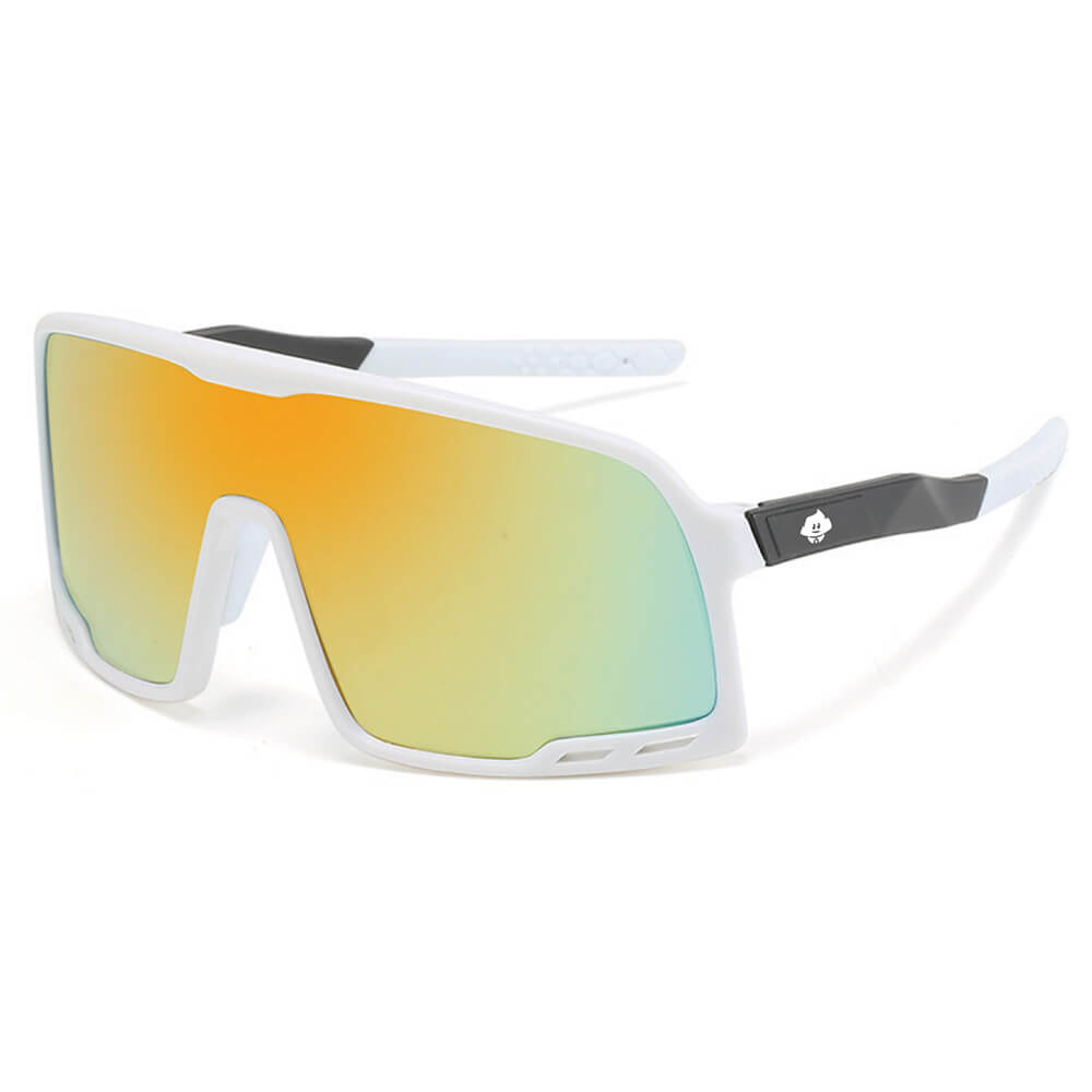 Send It Shades are white, rectangular shield sunglasses with large yellow-green reflective lenses and black-accented arms. Small ventilation slots at the frames bottom corners make them perfect for festivals.