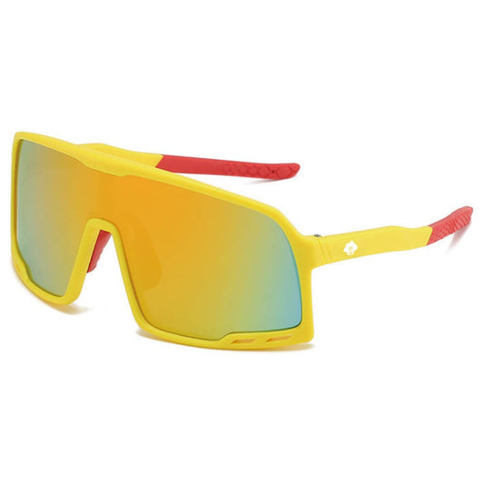 Send It Shades: Bold yellow-framed shield sunglasses with large, reflective orange-yellow lenses and red rubber temple tips—perfect festival eyewear, shown on a white background.