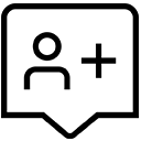 A black and white icon of a user profile with a plus sign, inside a speech bubble-shaped outline, representing the option to add a new contact or follow someone.
