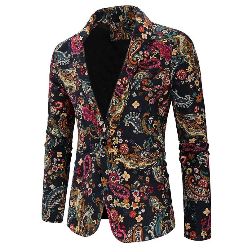 The Navy Floral Blazer is a slim-fit, single-breasted suit jacket featuring a vibrant multicolored paisley and floral pattern on a black background, notched lapel, and two-button closure—ideal for bold mens fashion.