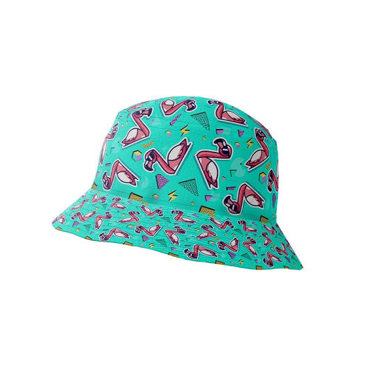 The Flamingo Fandango Bucket Hat showcases pink flamingos, geometric shapes, and colorful squiggles in a vibrant, retro-inspired design. Its wide brim and playful pattern make it perfect for festivals and sunny days.