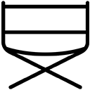 Black and white line drawing of a director’s chair with a rectangular backrest, curved seat, and two crossed legs.