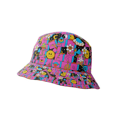 The Trippy Space Bucket Hat features a bright pink base with playful cartoon graphics like smiley faces, peace signs, stars, and flowers—making it a fun, psychedelic accessory for festivals.