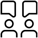 Two simple outlined human figures are shown facing each other, each with a speech bubble above their head, representing communication or conversation.