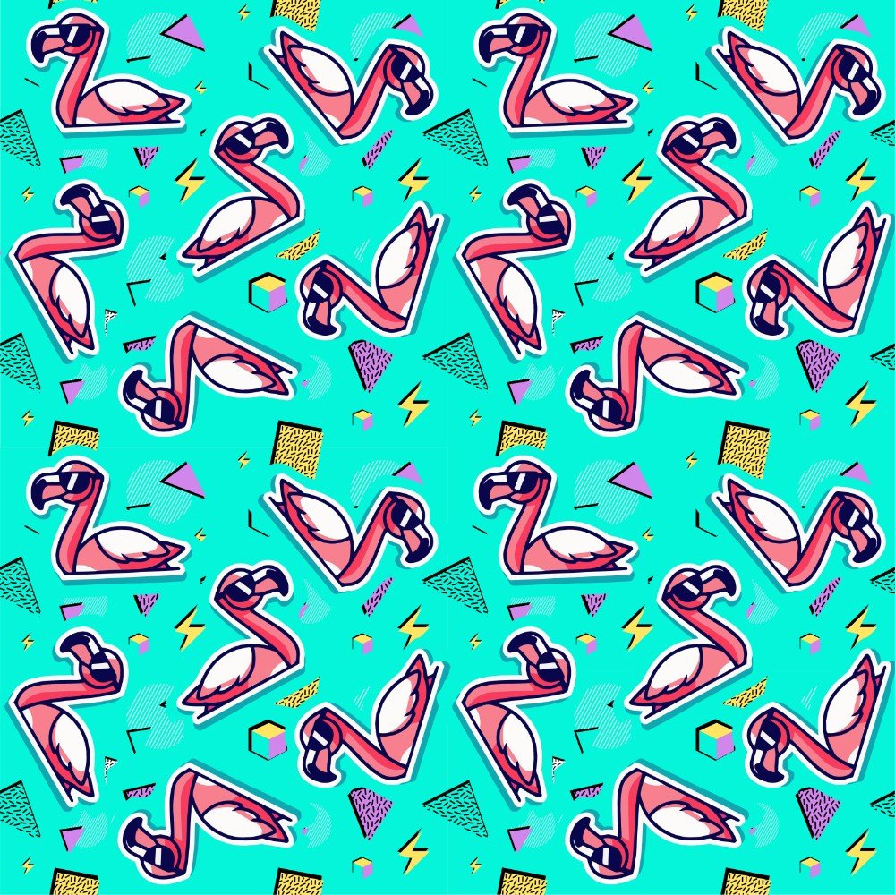 The Flamingo Fandango Bucket Hat features a seamless teal pattern with pink flamingos, colorful geometric shapes, and lines in a fun, retro 1980s Memphis style—ideal for tropical outings or festivals.