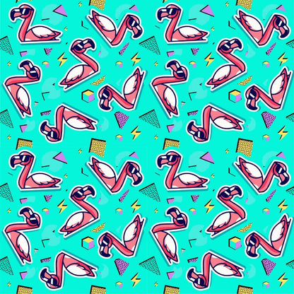 The Flamingo Fandango Bucket Hat features a seamless teal pattern with pink flamingos, colorful geometric shapes, and lines in a fun, retro 1980s Memphis style—ideal for tropical outings or festivals.