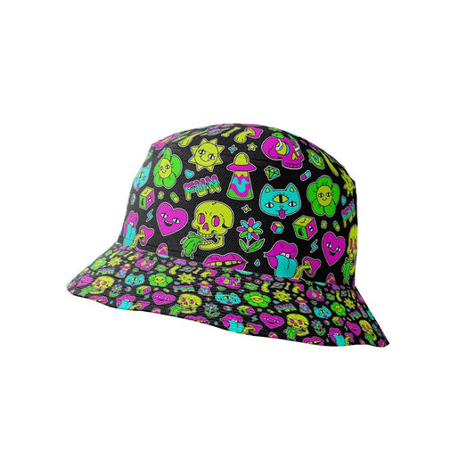The Black Out Mushroom Bucket Hat features a vibrant hallucinogenic print with neon pink, green, blue, and yellow cartoon flowers, hearts, mushrooms, and playful characters.