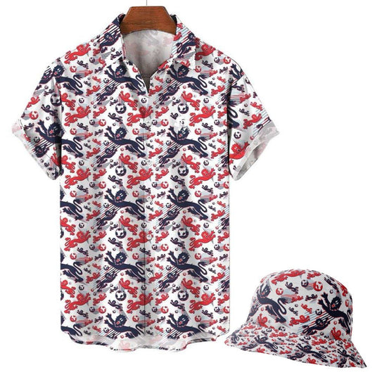 Show your England pride with this Hawaiian shirt set, featuring a white base and red/navy sea life print inspired by the classic football shirt—perfect for match day. Shirt and bucket hat both sport matching designs.