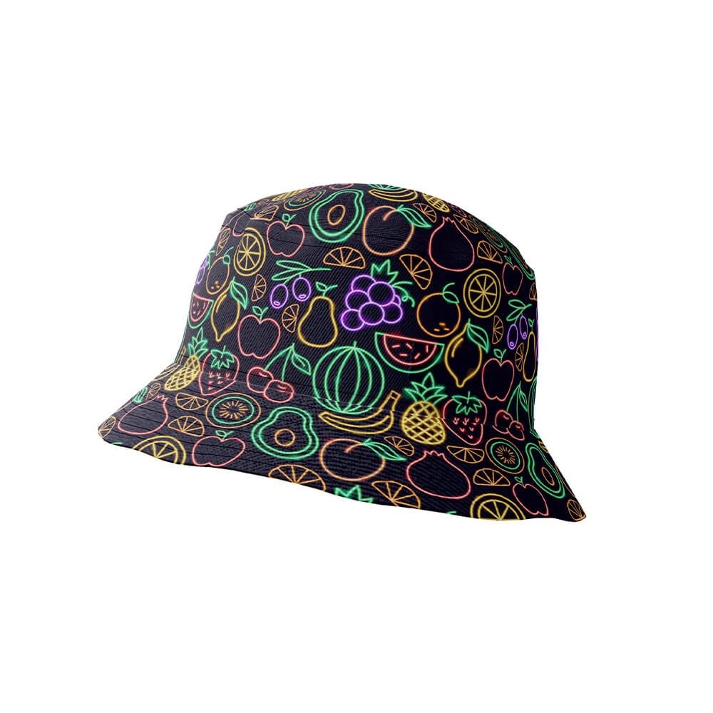 The Fluorescent Fruit Fiesta Bucket Hat is a unisex black hat with neon fruit designs—apples, oranges, grapes, pineapples, pears, watermelons, and lemons—displayed on a plain white background.