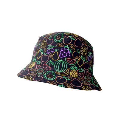 The Fluorescent Fruit Fiesta Bucket Hat is a unisex black hat with neon fruit designs—apples, oranges, grapes, pineapples, pears, watermelons, and lemons—displayed on a plain white background.
