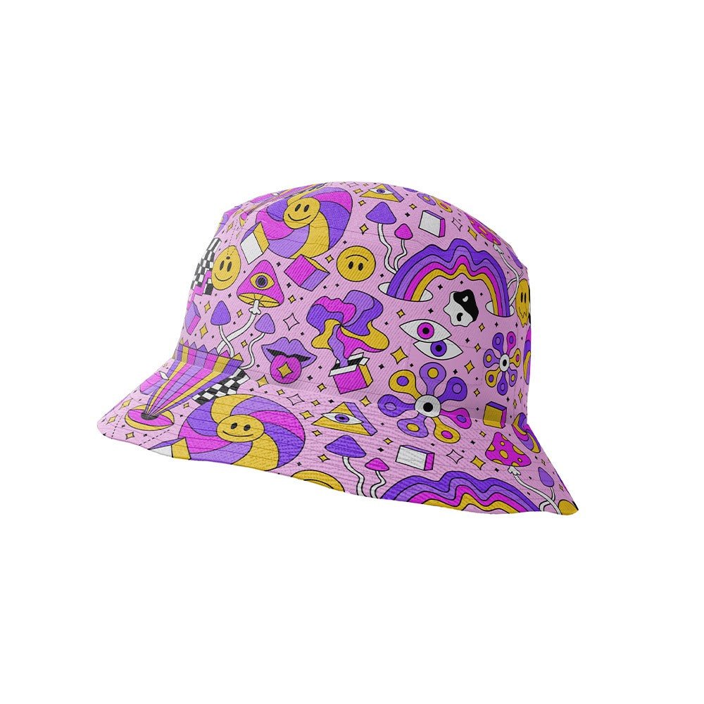A purple bucket hat features playful patterns—smiley faces, rainbows, hearts, stars, and music notes—in yellow, pink, black, and white for a fun look that matches perfectly with the Hippie Shirt.