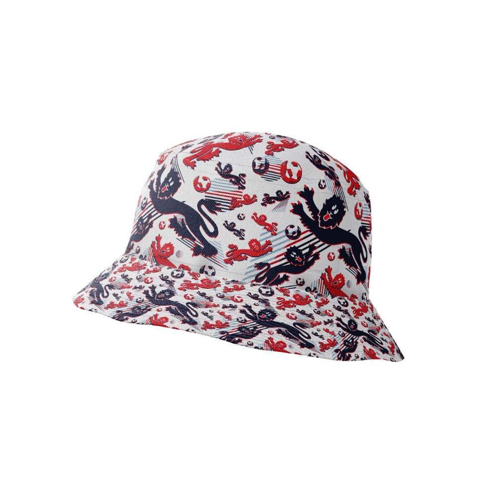 The England Football Bucket Hat is white with a fun red and black abstract animal and shape pattern scattered on the fabric.