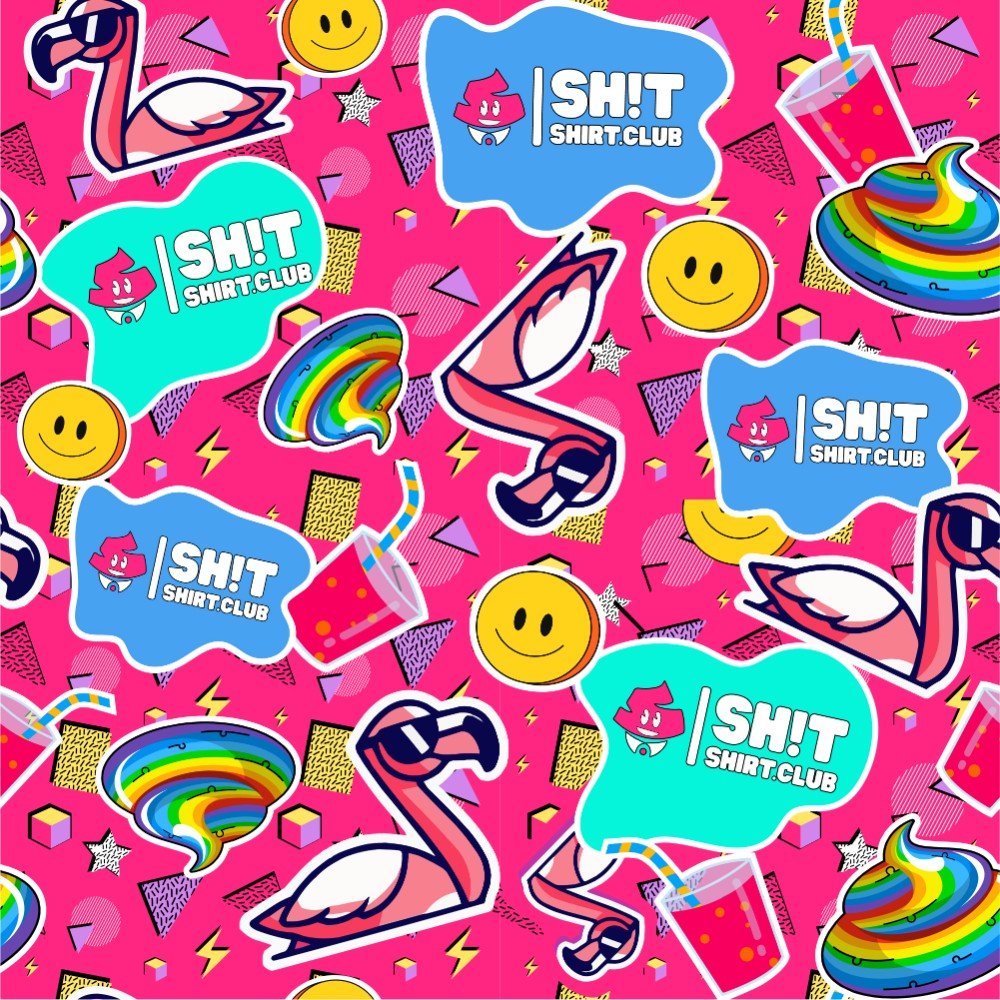The Badass Shirt features vibrant flamingo prints, smiley faces, rainbow emojis, colorful drinks, lightning bolts, geometric shapes, and speech bubbles saying SH!T SHIRT CLUB on a bright pink backdrop.