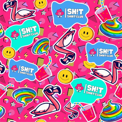 The Badass Shirt features vibrant flamingo prints, smiley faces, rainbow emojis, colorful drinks, lightning bolts, geometric shapes, and speech bubbles saying SH!T SHIRT CLUB on a bright pink backdrop.