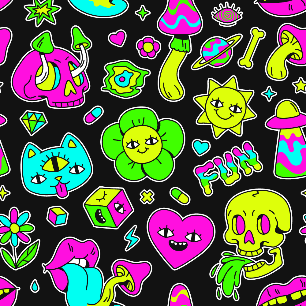 The Black Out Mushroom Bucket Hat features a psychedelic print with cartoon skulls, flowers, hearts, mushrooms, planets, a three-eyed cat, and “FUN” in neon pinks, yellows, greens, and blues on a black background.
