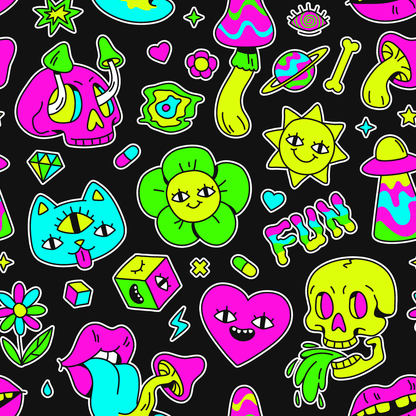 The Black Out Mushroom Bucket Hat features a psychedelic print with cartoon skulls, flowers, hearts, mushrooms, planets, a three-eyed cat, and “FUN” in neon pinks, yellows, greens, and blues on a black background.